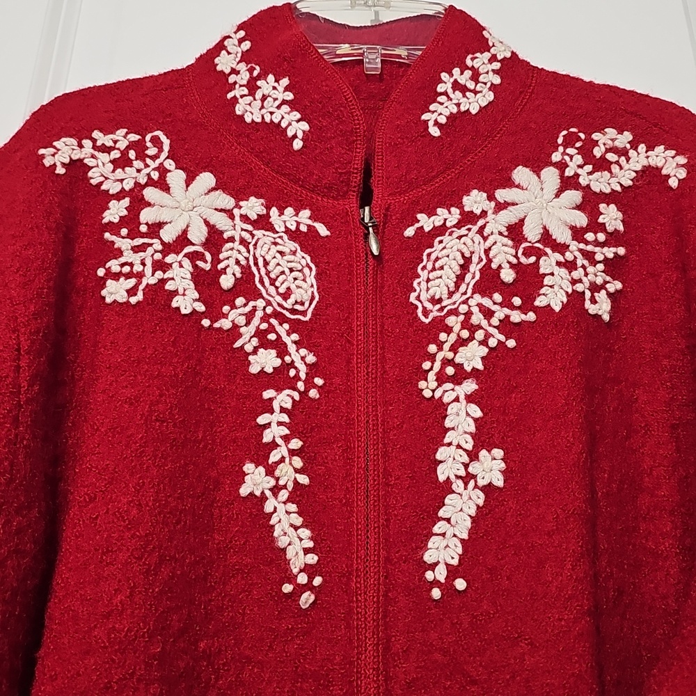 Red Embroidered Wool Zip-Front Jacket - Picture 2 of 4